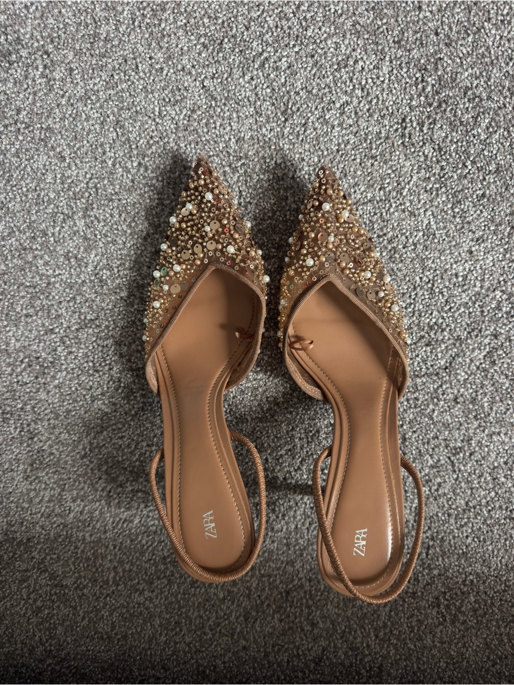 Zara Beaded Pointed-Toe Slingback Heels in Tan